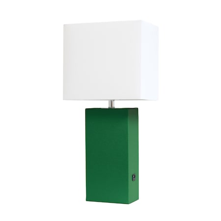 Modern Leather Table Lamp With USB And White Fabric Shade, Green